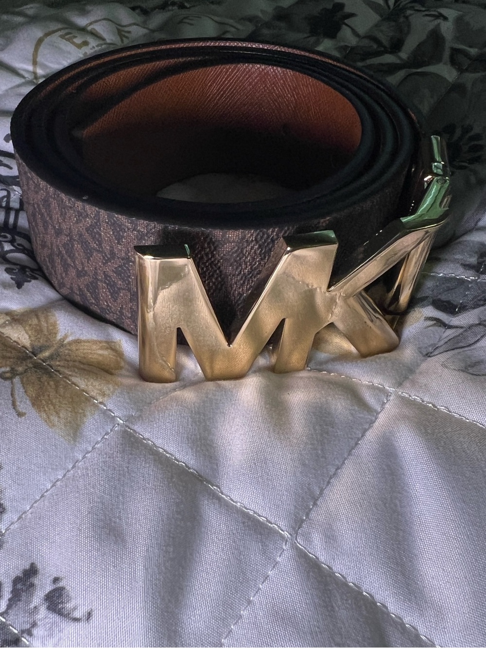 Michael Kors Women’s Brown Monogram Belt with Reversible Gold MK Buckle